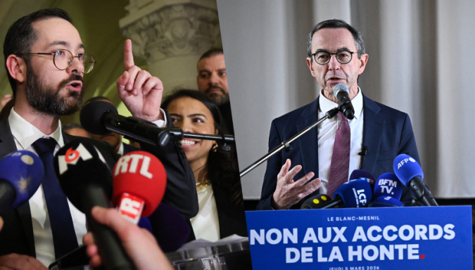 David Guiraud, de La France Insoumise, le soir de son élection à la mairie de Roubaix et Bruno Retailleau, dénonçant entre les deux tours des municipales, les accords entre le PS et LFI (photos François Lo Presti / Julien de Rosa / AFP).