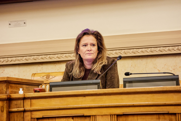 Olivia Grégoire, lors d'un colloque à l'Assemblée nationale, en avril 2026 (photo Adnan Farzat/NurPhoto/AFP).