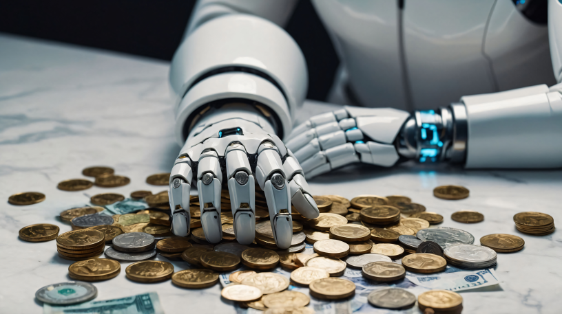 Un robot humanoïde, manipulant de l'argent (image générée par Freepik).