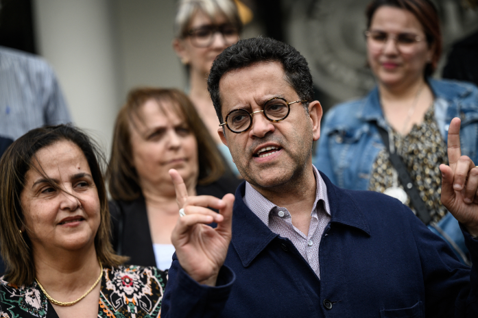 Gabriel Amard et Melouka Hadj Mimoune, en mai 2022 à Villeurbanne (photo Jeff Pachoud/AFP).