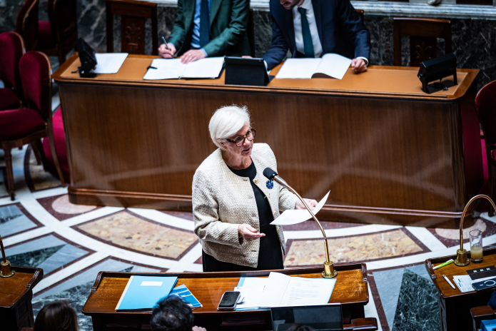 Catherine Vautrin, ministre des armées et des anciens combattants, prend la parole, lors de la séance publique suite de la discussion du projet de loi actualisant la programmation militaire à l'Assemblée nationale, le 07 Mai 2026 (photo Xose Bouzas/AFP).