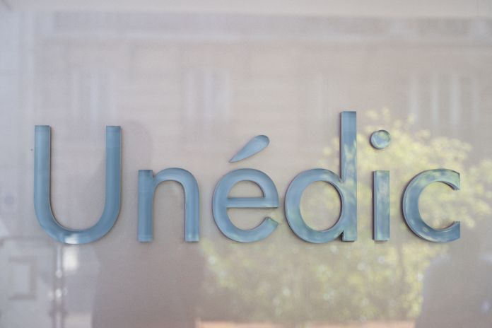 Logo de l'Unédic, l'Union National Interprofessionelle pour l'emploi dans l'Industrie et le Commerce (photo Emma Da Silva/AFP).
