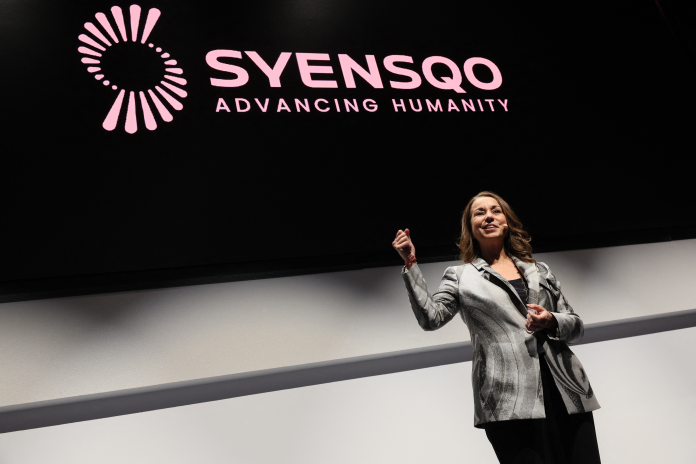 Ilham Kadri, lors de l'inauguration du siège social de Syensqo à Bruxelles, en janvier 2024 (photo Benoit Doppagne/AFP).