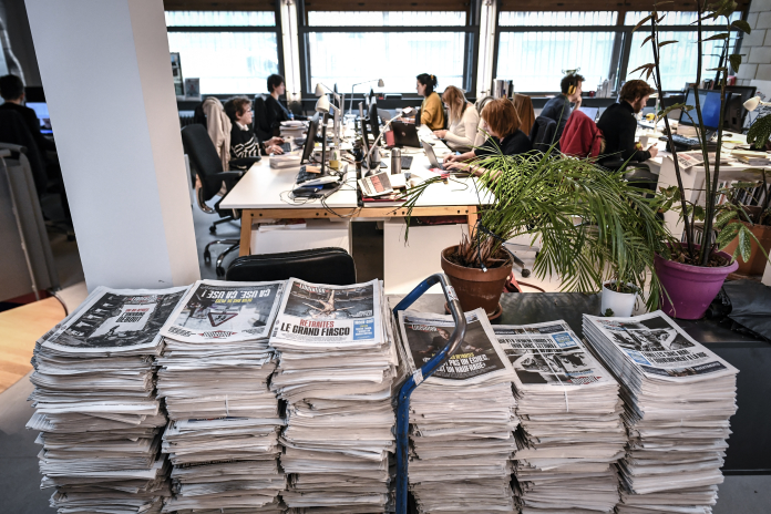 La rédaction du journal Libération, en 2023 (Photo Stéphane de Sakutin/AFP).