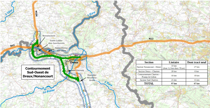 Une partie de la carte du projet, avec le contournement de Dreux (illustration D.R.).