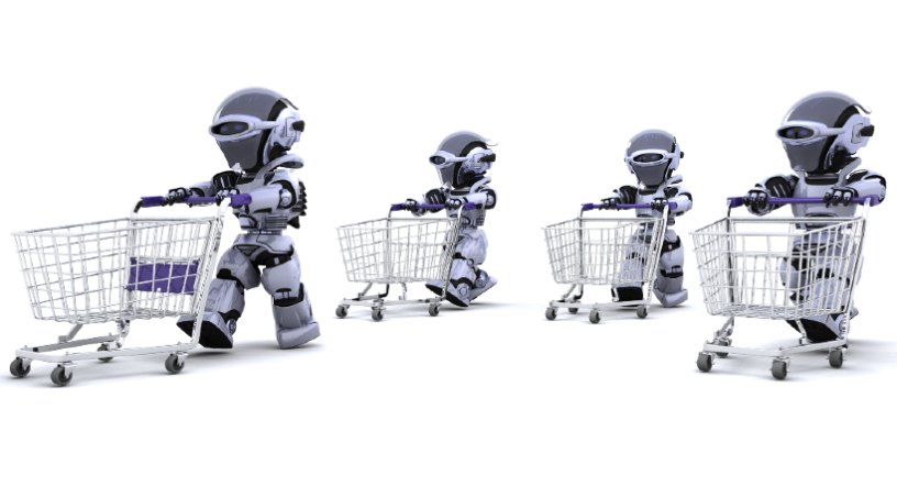 Robots poussant des chariots de course (illustration D.R.).