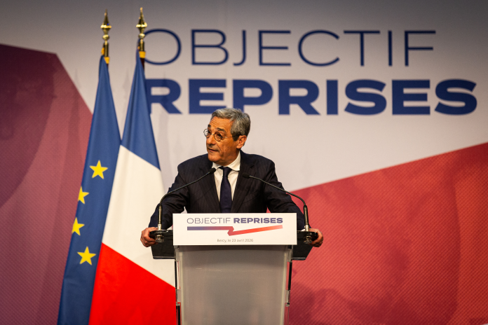 Serge Papin, ministre des Petites et moyennes entreprises, lors du lancement de l'opération "Objectif reprises", le 23 avril 2026 à Bercy (photo Telmo Pinto/NurPhoto/AFP).
