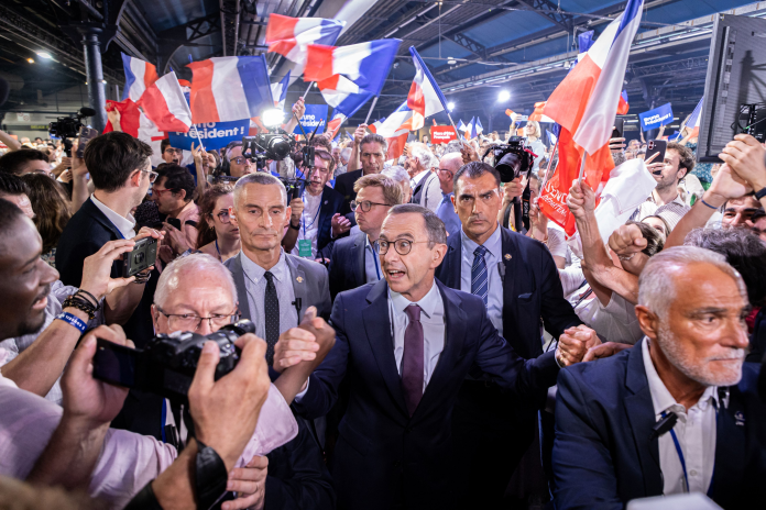 Bruno Retailleau, à l'occasion de son "Grand meeting" présidentiel, le 20 juin 2026 à Paris (photo Telmo Pinto/NurPhoto/AFP).