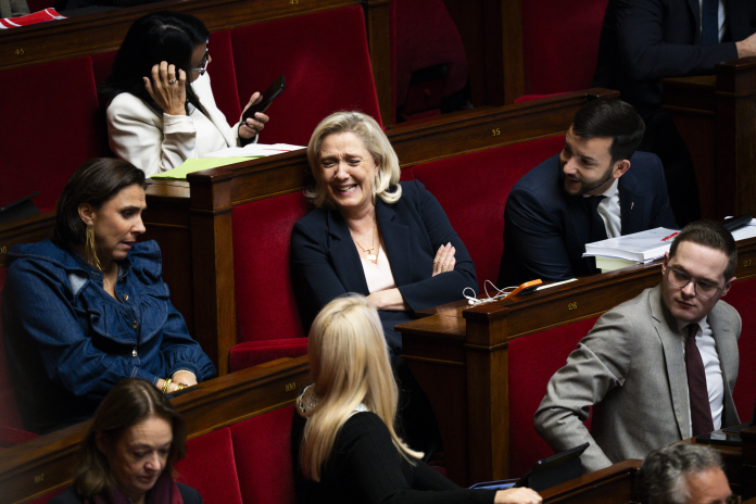 Marine Le Pen, entourée de Laure Lavalette et Jean-Philippe Tanguy, en 2025 à l'Assemblée nationale (photo Magali Cohen/Hans Lucas/AFP).