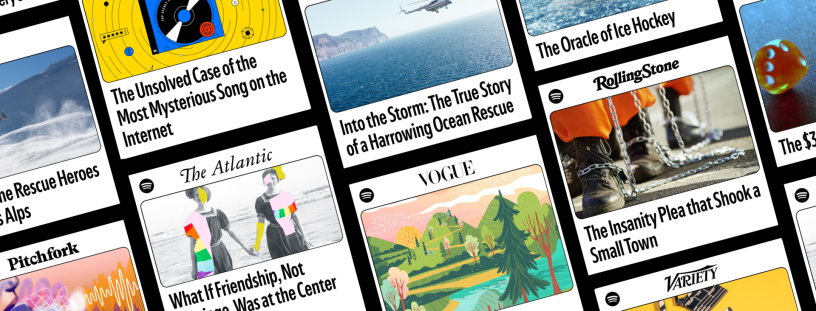 Quelques uns des contenus de presse - en anglais - disponibles en lecture audio sur Spotify (illustration D.R.).