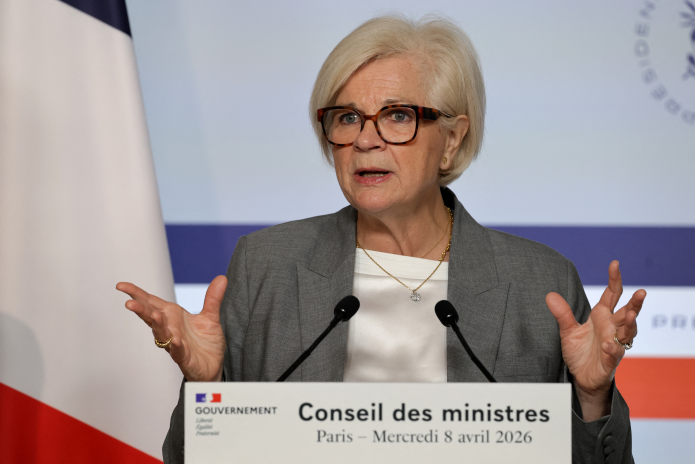 Catherine Vautrin, ministre des Armées, à l'issue du conseil des ministres du 8 avril 2026 au cours duquel elle a présenté le projet de loi qui actualise la programmation militaire (photo Ludovic Marin/AFP).
