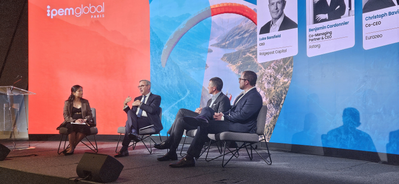 Christophe Bavière (Eurazeo), Luke Sarsfield (Ridgepost Capital) et Benjamin Cordonnier (Astorg), mercredi à l’IPEM Global 2026.