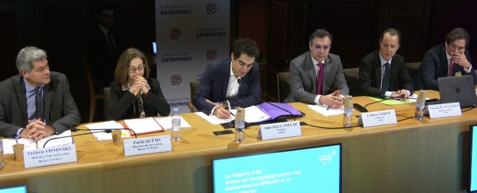 De gauche à droite : Frédéric Visnovsky et Emilie Quema, respectivement Médiateur national du crédit et directrice des entreprises à la Banque de France ; Amir Reza-Tofighi, président de la CPME ; Frédéric Coirier, co-président du Meti et Antonin Blanckaert, directeur générale de l'AGS. Crédits : délégation sénatoriale aux entreprises