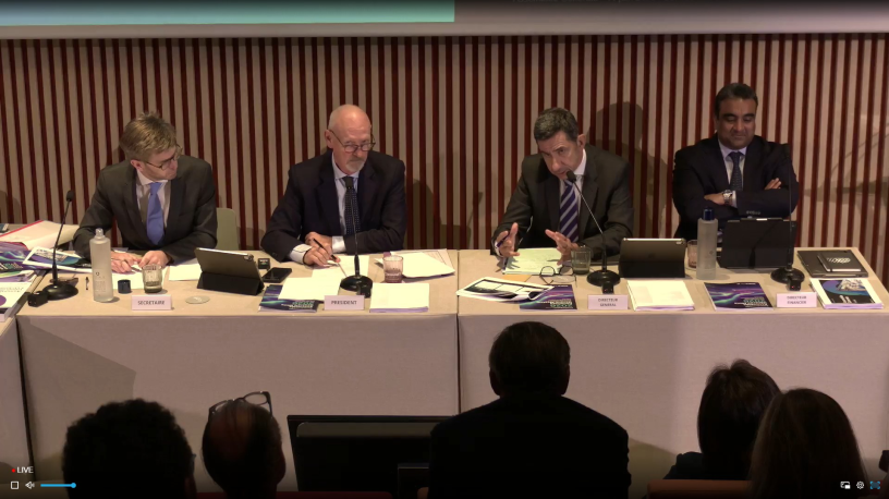 De gauche à droite : Charles-Henri de Taffin, secrétaire général, Wilfried Verstraete, président du conseil d'administration, Pierre-Antoine Vacheron, directeur général, et Srikanth Seshadri, directeur financier, lors de l'assemblée générale de Worldline du 11 juin 2026.