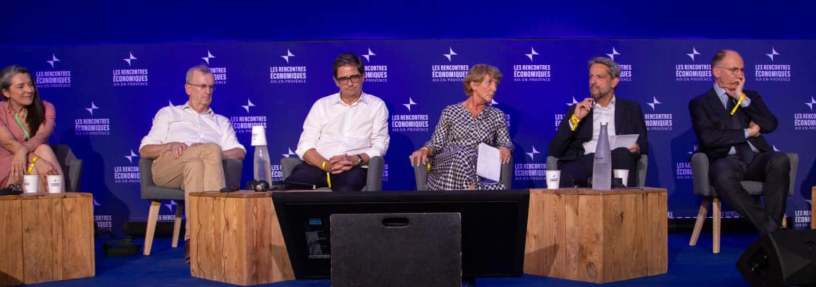 De gauche à droite : Emmanuelle Auriol ; François Villeroy de Galhau ; Nicolas Dufourcq ; stéphane pallez ; Jean-louis girodolle et enrico letta