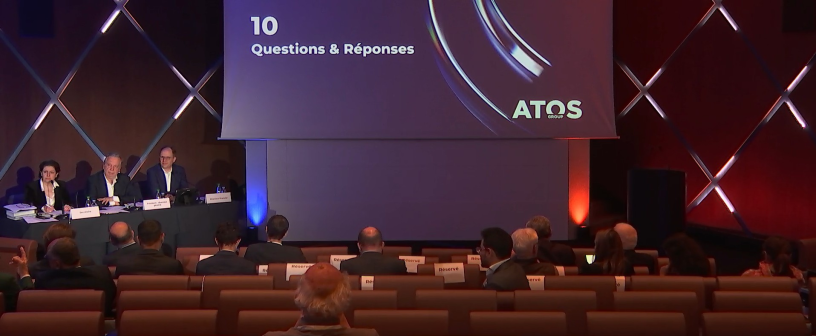 Philippe Salle, aux côtés de Jacques-François de Prest, directeur financier, et de Cécile Kavalsès, secrétaire générale, lors de l’assemblée générale d’Atos le 22 mai 2026.