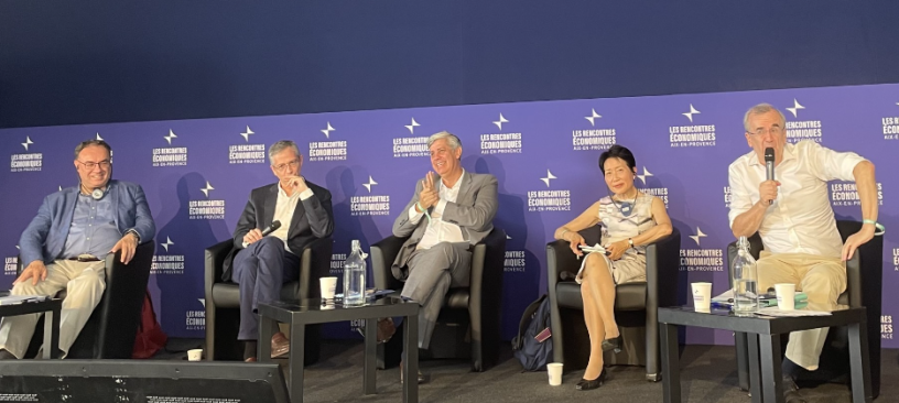 Andrew Bailey, gouverneur de la Banque d'Angleterre, Pablo Hernández de Cos, gouverneur de la Banque d'Espagne, Mário Centeno, gouverneur de la Banque du Portugal, Naoko Ishii, professeure à l'université de Tokyo et François Villeroy de Galhau, gouverneur de la Banque de France - DR