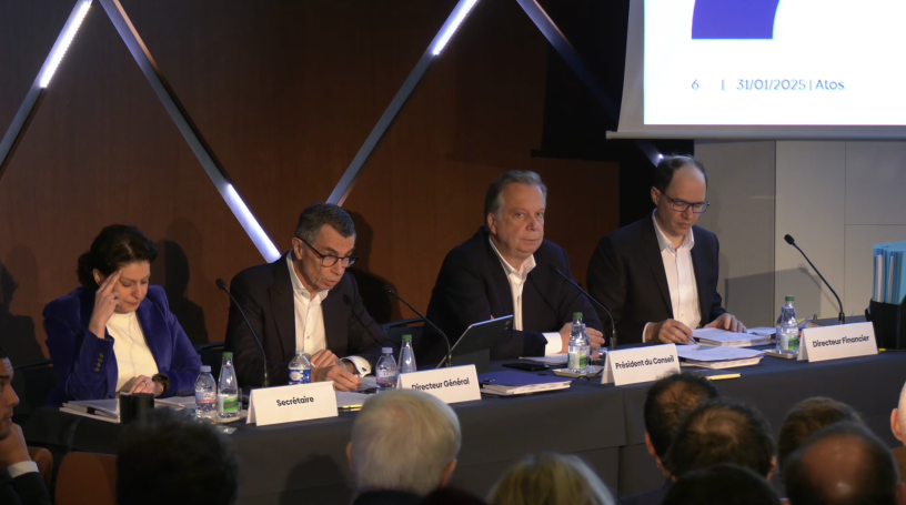 De gauche à droite, Cécile Kavalses (secrétaireà, Jean-Pierre Mustier, Philippe Salle, Jacques-François de Prest (directeur financier), lors de l'assemblée générale d'Atos le 31 janvier 2025