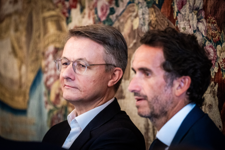 Dominique Schelcher et Alexandre Bompard (Photo by Xose Bouzas / Hans Lucas via AFP)