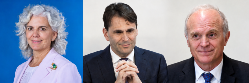 De gauche à droite : Amparo Moraleda, nouvelle présidente du conseil d’Airbus, Christophe Fouquet, directeur général d’ASML (Photo by ANP MAG / ANP via AFP), et Florent Menegaux, directeur général de Michelin (Photo by Bertrand GUAY / AFP).
