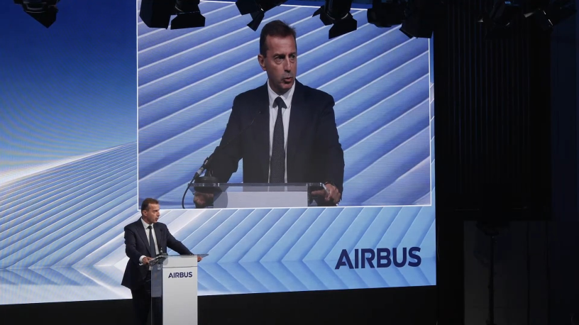 Guillaume Faury, directeur général d’Airbus, lors du Business Update 2026 organisé le 21 juillet à Londres, en marge du salon aéronautique de Farnborough.