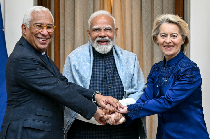 Antonio Costa, président du Conseil européen, Narendra Modi, Premier ministre de l'Inde, Ursula von der Leyen, présidente de la Commission européenne - SAJJAD HUSSAIN / AFP