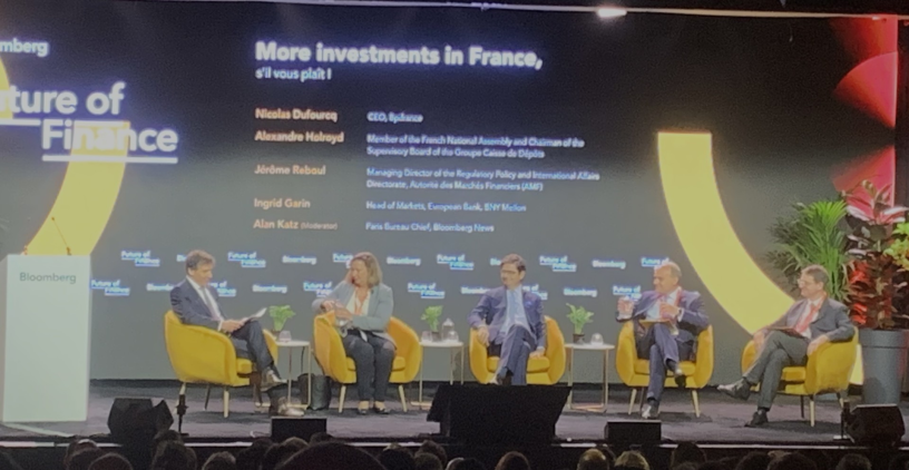 De gauche à droite : Alan Katz, Ingrid Garin, Nicolas Dufourcq, Alexandre Holroyd et Jérôme Reboul - Future of Finance, Bloomberg (DR)