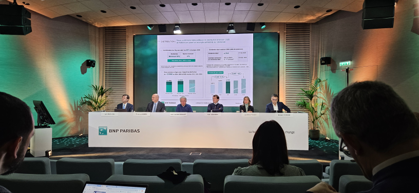 L'équipe de direction de BNP Paribas lors de la présentation à la presse des résultats 2024 de la banque